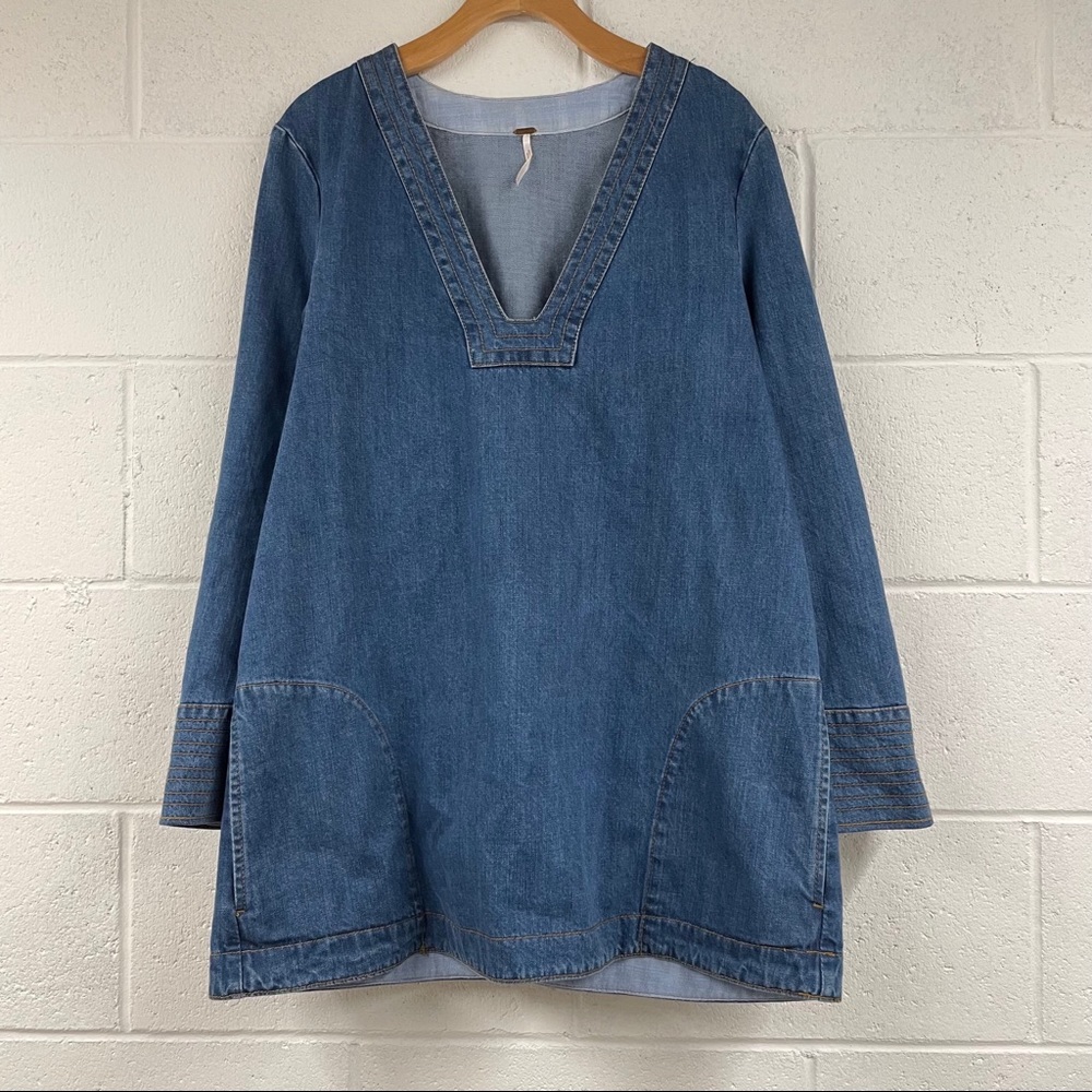 🚨SOLD🚨Free People Dreaming of Denim Bell Sleeve Tunic Top in Hendrix Blue - Picture 3 of 12